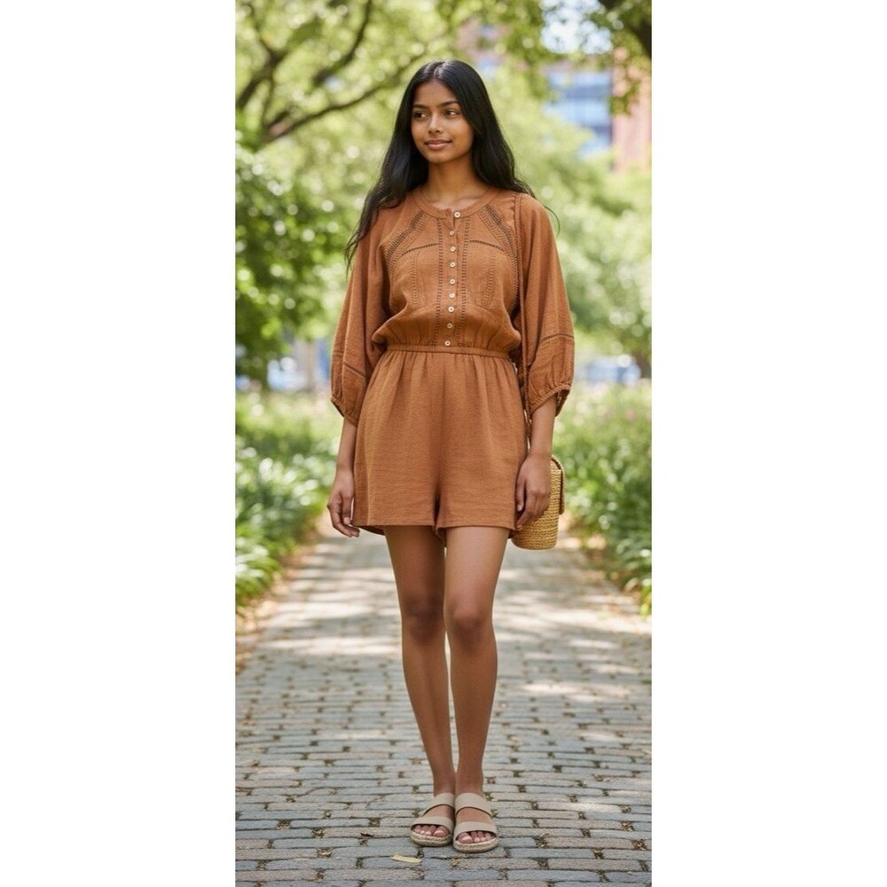 Bohme NEW womens raglan sleeve button wide leg lined chocolate romper Large